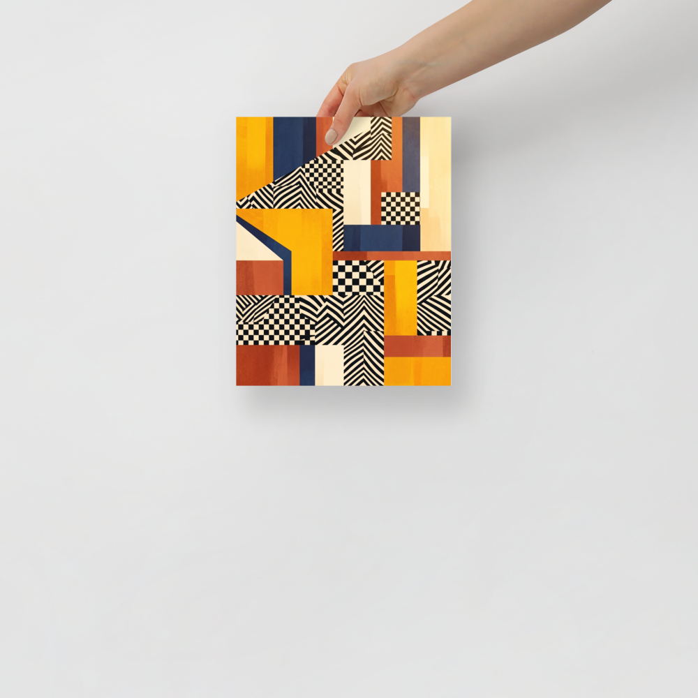 'Checkerboard Resonance' — a Geometric abstract art,Op Art print. Bold abstract geometric composition featuring yellow and navy blocks mixed with black and white checkerboard and wavy patterns, perfect for modern Living Room wall art.