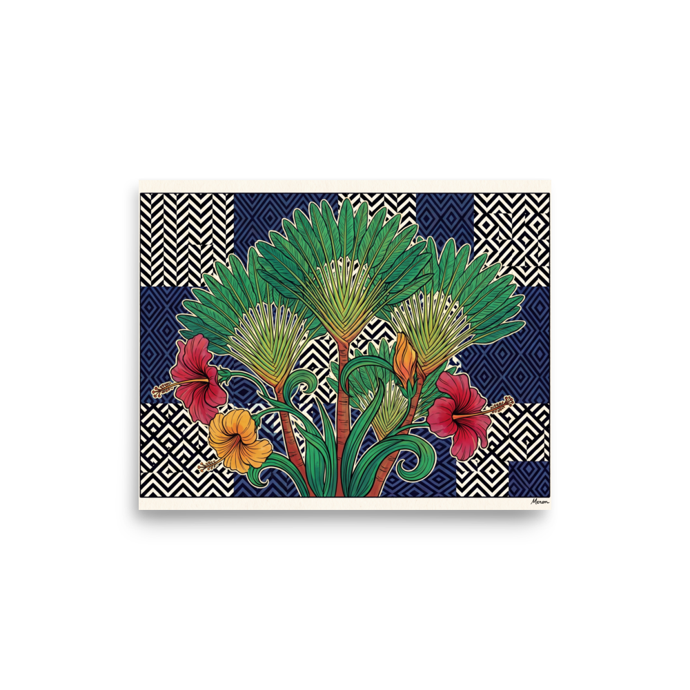 'Tropical Tessellation' — a Art Deco,Art Nouveau print. Lush illustration of traveler palms and red hibiscus flowers set against a geometric navy tile and black and white chevron background, ideal for Living Room wall decor.
