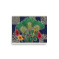 'Tropical Tessellation' — a Art Deco,Art Nouveau print. Lush illustration of traveler palms and red hibiscus flowers set against a geometric navy tile and black and white chevron background, ideal for Living Room wall decor.
