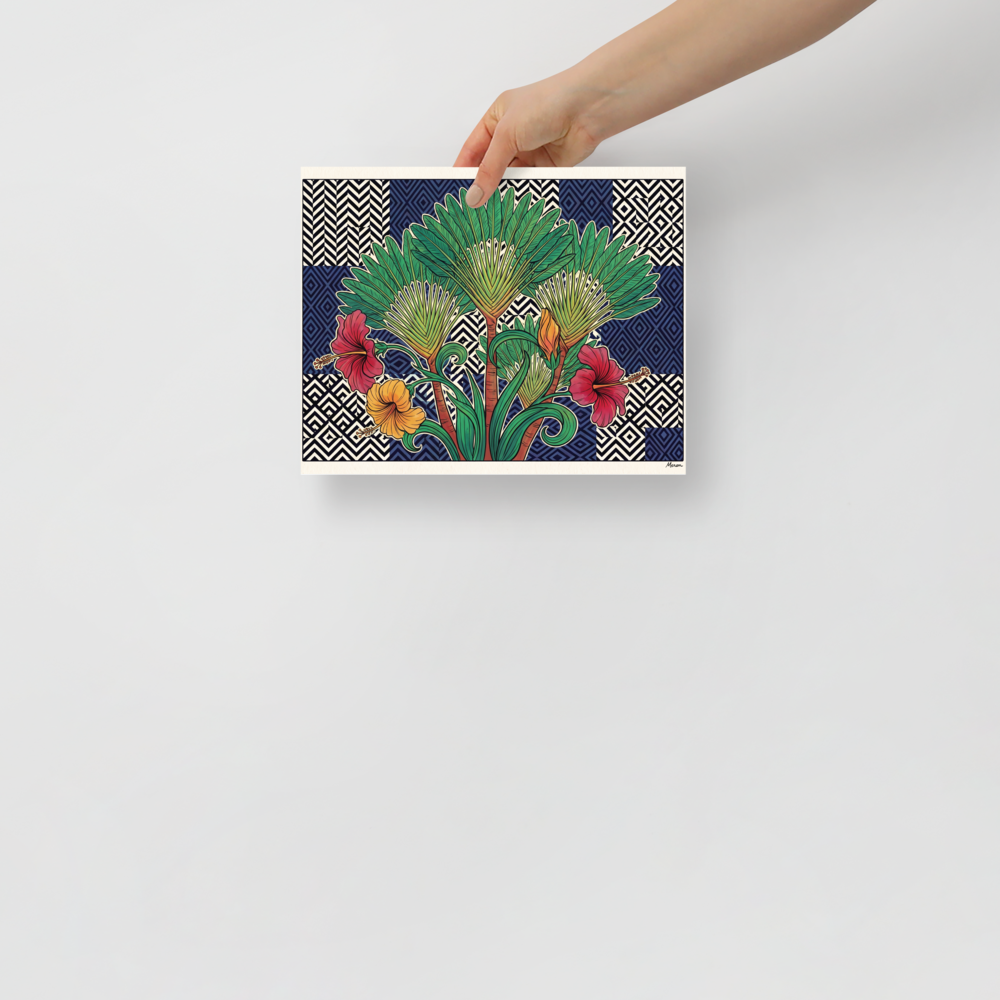 'Tropical Tessellation' — a Art Deco,Art Nouveau print. Lush illustration of traveler palms and red hibiscus flowers set against a geometric navy tile and black and white chevron background, ideal for Living Room wall decor.