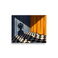 'Crowned Silhouette' — a Surrealism,Magic realism print. Mysterious shadow of a crowned figure cast on a blue striped wall in a room with a checkerboard floor and yellow drapes, ideal for Bedroom wall art.