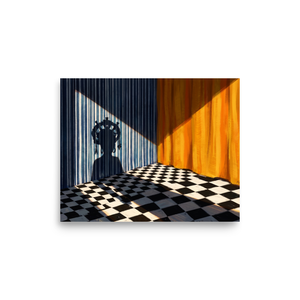 'Crowned Silhouette' — a Surrealism,Magic realism print. Mysterious shadow of a crowned figure cast on a blue striped wall in a room with a checkerboard floor and yellow drapes, ideal for Bedroom wall art.