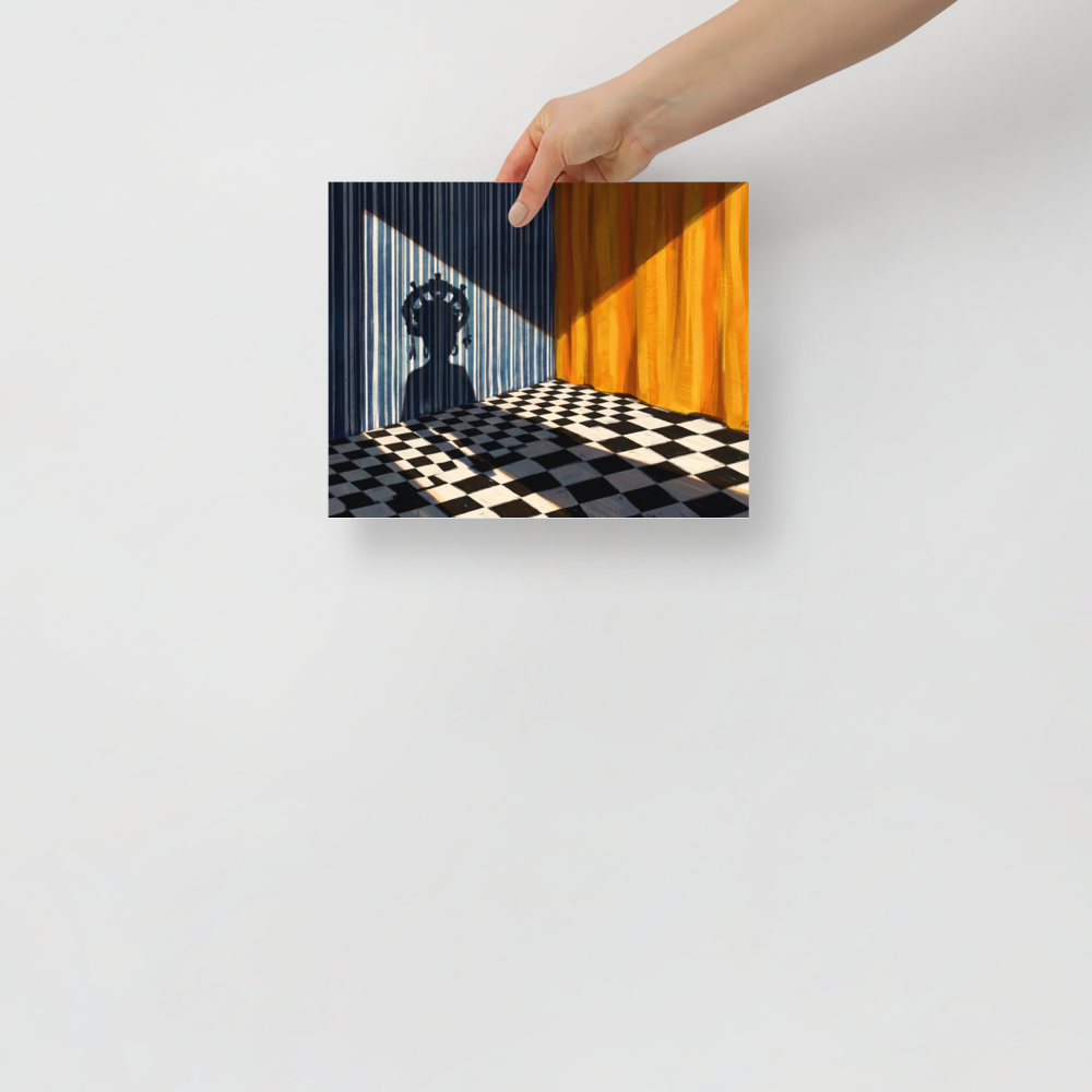 'Crowned Silhouette' — a Surrealism,Magic realism print. Mysterious shadow of a crowned figure cast on a blue striped wall in a room with a checkerboard floor and yellow drapes, ideal for Bedroom wall art.