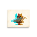'Rhythm in Triplicate' — a Pop art,Figurative art print. Three overlapping figures of a dancing woman wearing a checkered dress in cyan, brown, and yellow against a cream background, perfect for Living Room wall decor.