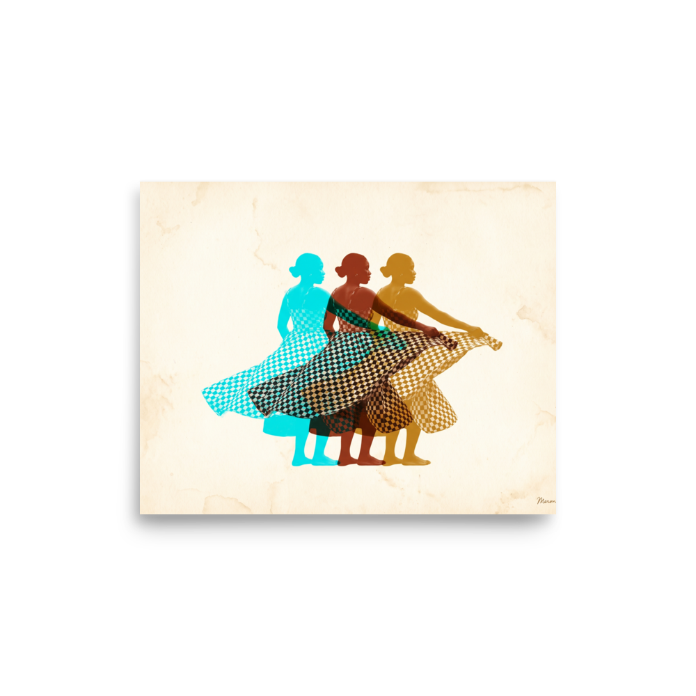 'Rhythm in Triplicate' — a Pop art,Figurative art print. Three overlapping figures of a dancing woman wearing a checkered dress in cyan, brown, and yellow against a cream background, perfect for Living Room wall decor.