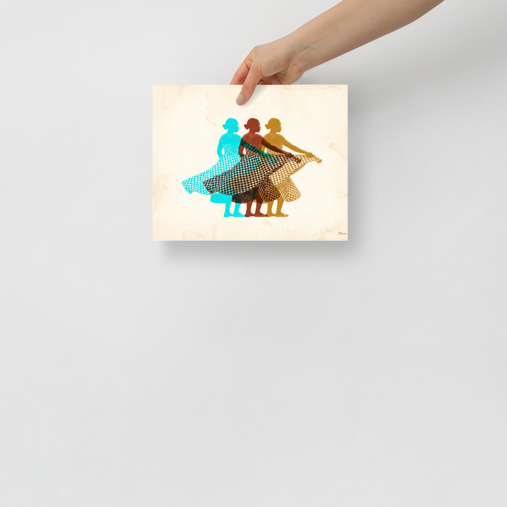 'Rhythm in Triplicate' — a Pop art,Figurative art print. Three overlapping figures of a dancing woman wearing a checkered dress in cyan, brown, and yellow against a cream background, perfect for Living Room wall decor.