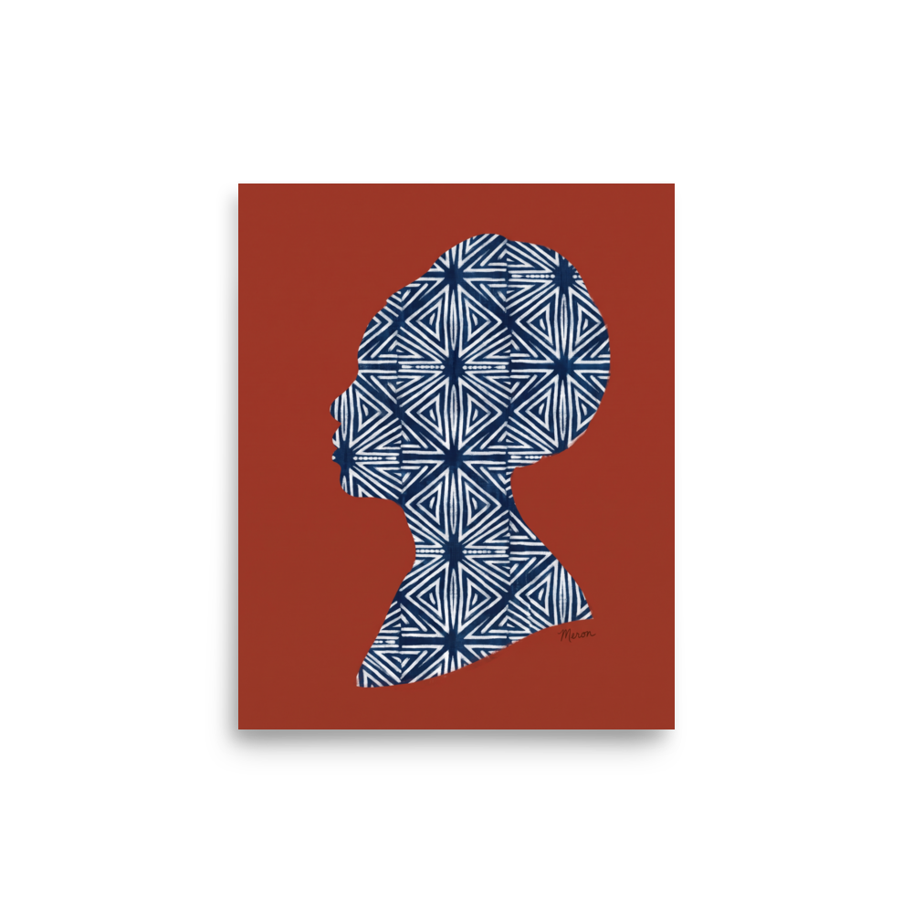 'Indigo Heritage' — a Figurative art,Minimalism print. Profile silhouette of a woman filled with a white and navy geometric indigo pattern against a rust red background, perfect for Bedroom wall decor.