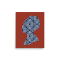 'Indigo Heritage' — a Figurative art,Minimalism print. Profile silhouette of a woman filled with a white and navy geometric indigo pattern against a rust red background, perfect for Bedroom wall decor.