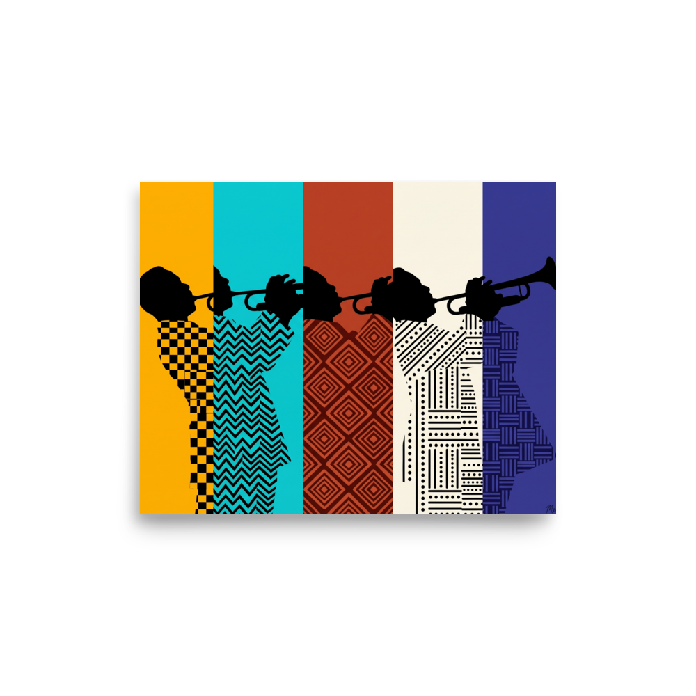'Polyphonic Rhythm' — a Harlem Renaissance,Pop art print. Silhouette of a jazz trumpeter wearing patterned suits across five vertical stripes of yellow, cyan, brown, white, and navy, perfect for Living Room wall decor.
