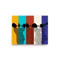 'Polyphonic Rhythm' — a Harlem Renaissance,Pop art print. Silhouette of a jazz trumpeter wearing patterned suits across five vertical stripes of yellow, cyan, brown, white, and navy, perfect for Living Room wall decor.