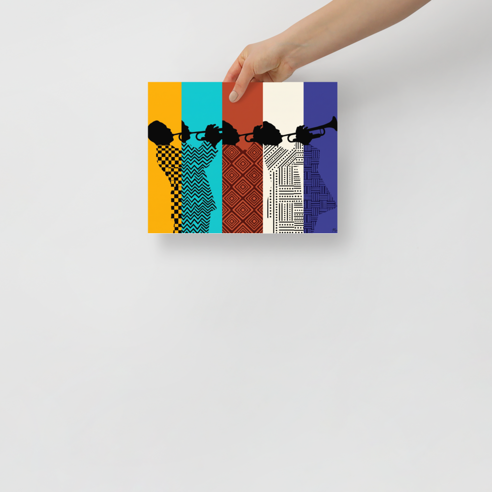 'Polyphonic Rhythm' — a Harlem Renaissance,Pop art print. Silhouette of a jazz trumpeter wearing patterned suits across five vertical stripes of yellow, cyan, brown, white, and navy, perfect for Living Room wall decor.