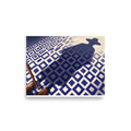'Shadow of the Traveler' — a Realism,Magic realism print. First person perspective looking down at brown leather shoes and a walking cane on a blue and white tiled floor, casting a long shadow of a man in a hat, perfect for Office wall decor.