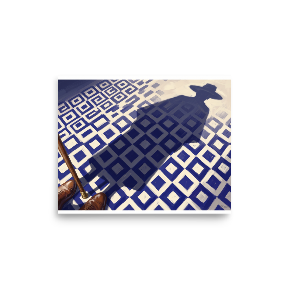 'Shadow of the Traveler' — a Realism,Magic realism print. First person perspective looking down at brown leather shoes and a walking cane on a blue and white tiled floor, casting a long shadow of a man in a hat, perfect for Office wall decor.
