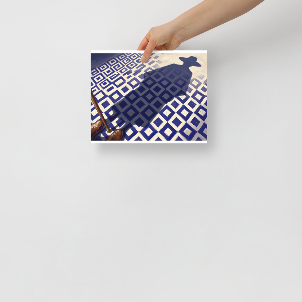 'Shadow of the Traveler' — a Realism,Magic realism print. First person perspective looking down at brown leather shoes and a walking cane on a blue and white tiled floor, casting a long shadow of a man in a hat, perfect for Office wall decor.