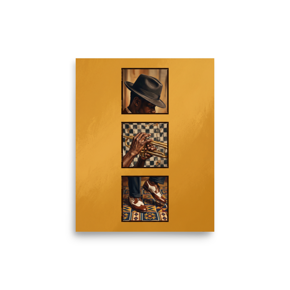 'Triptych in Brass' — a Harlem Renaissance,Realism print. Three vertical film frames showing a jazz musician in a fedora hat, hands playing a trumpet, and wingtip shoes on a geometric rug against a golden background, perfect for Home Bar wall decor.