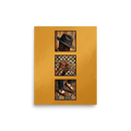 'Triptych in Brass' — a Harlem Renaissance,Realism print. Three vertical film frames showing a jazz musician in a fedora hat, hands playing a trumpet, and wingtip shoes on a geometric rug against a golden background, perfect for Home Bar wall decor.