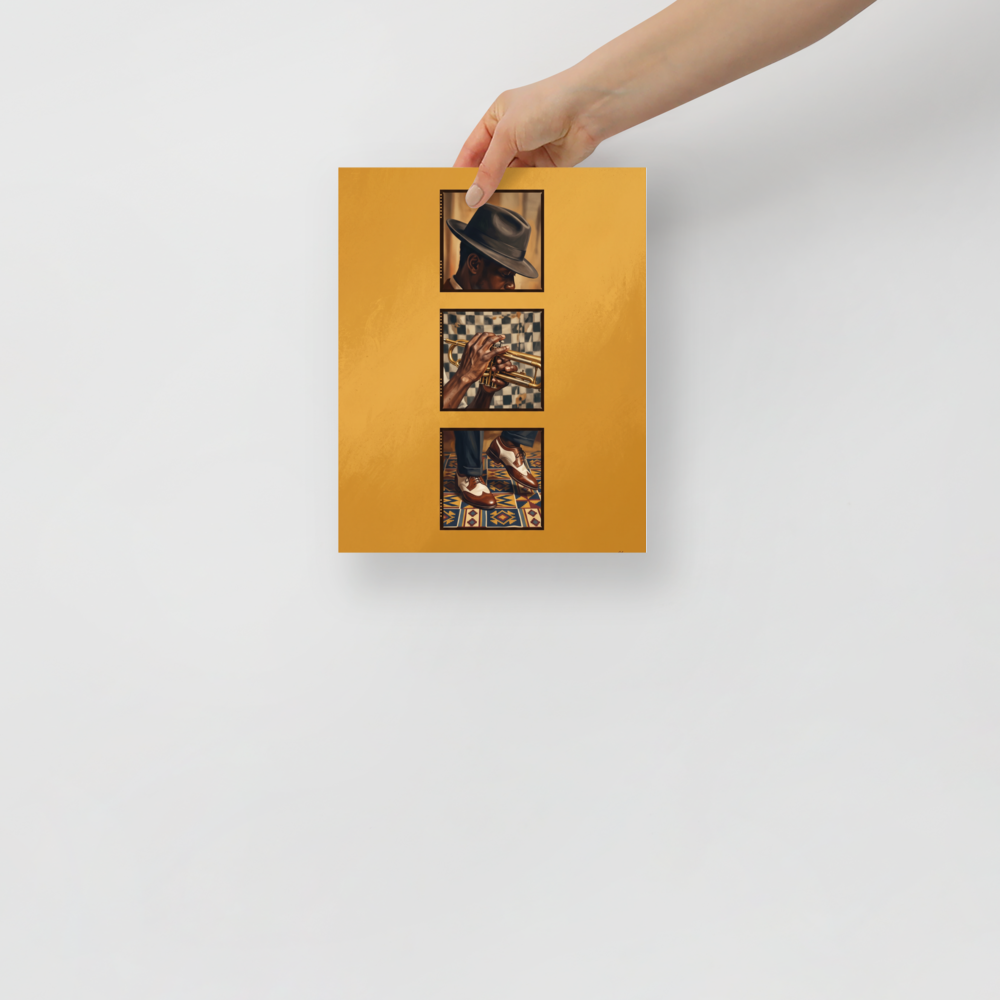 'Triptych in Brass' — a Harlem Renaissance,Realism print. Three vertical film frames showing a jazz musician in a fedora hat, hands playing a trumpet, and wingtip shoes on a geometric rug against a golden background, perfect for Home Bar wall decor.