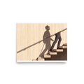 'Ascent of the Shadow' — a Surrealism,Realism print. Man in plaid trousers climbing marble stairs with his full silhouette in a fedora hat and cane cast as a shadow on a beige wall, perfect for Office wall decor.