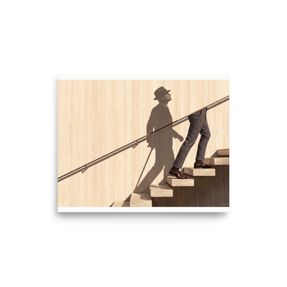 'Ascent of the Shadow' — a Surrealism,Realism print. Man in plaid trousers climbing marble stairs with his full silhouette in a fedora hat and cane cast as a shadow on a beige wall, perfect for Office wall decor.