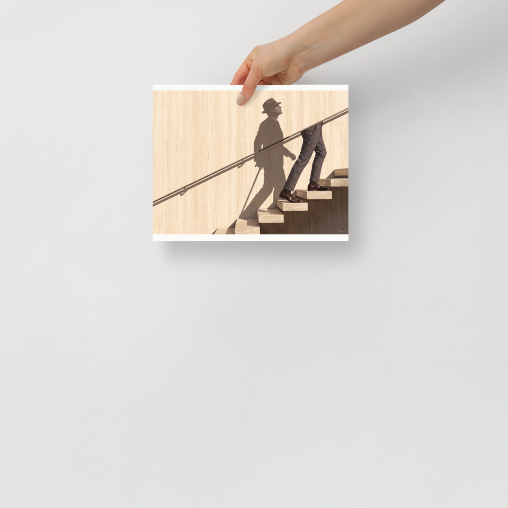 'Ascent of the Shadow' — a Surrealism,Realism print. Man in plaid trousers climbing marble stairs with his full silhouette in a fedora hat and cane cast as a shadow on a beige wall, perfect for Office wall decor.
