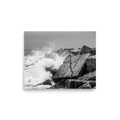 'Breakwater Surge' — a Art photography print. Monochrome ocean spray crashing against geometric stone blocks, ideal coastal decor for a modern office.