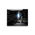 'Sparks of Labor' — a Art photography print. Dramatic high-contrast photograph of a welder generating brilliant sparks in an industrial yard, great for a garage or study.