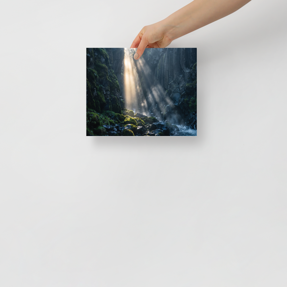 'Sunbeams in the Gorge' — a Art photography print. Golden sunbeams filtering down into a mossy volcanic canyon gorge, serene nature decor for a calming bedroom.