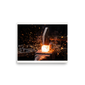 'Strike of the Anvil' — a Art photography print. Close-up photograph of a blacksmith hammer striking red-hot metal on an anvil with glowing sparks, dynamic art for a garage or office.