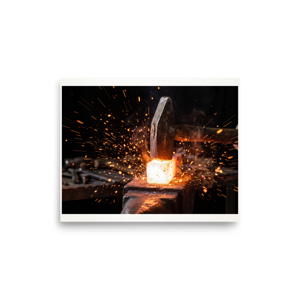 'Strike of the Anvil' — a Art photography print. Close-up photograph of a blacksmith hammer striking red-hot metal on an anvil with glowing sparks, dynamic art for a garage or office.