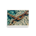 'Sunken Mooring Chain' — a Art photography print. Rusted iron mooring chain submerged in crystal clear turquoise ocean water with dancing sun ripples, ideal coastal art for a bathroom.