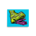 'Stomp the Fuzz' — a Pop art print. A colorful pop art illustration of a glittery yellow platform boot stepping on a pink wah wah guitar pedal against a bright cyan background.