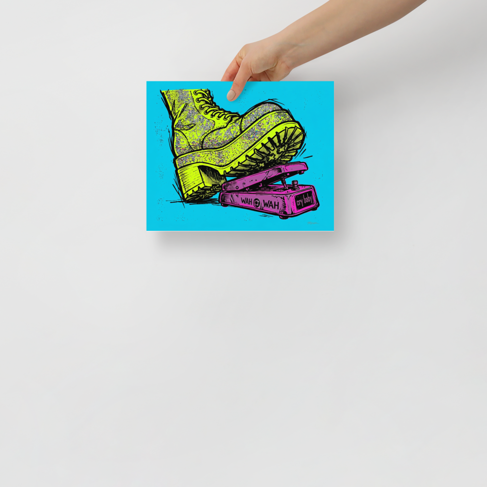 'Stomp the Fuzz' — a Pop art print. A colorful pop art illustration of a glittery yellow platform boot stepping on a pink wah wah guitar pedal against a bright cyan background.
