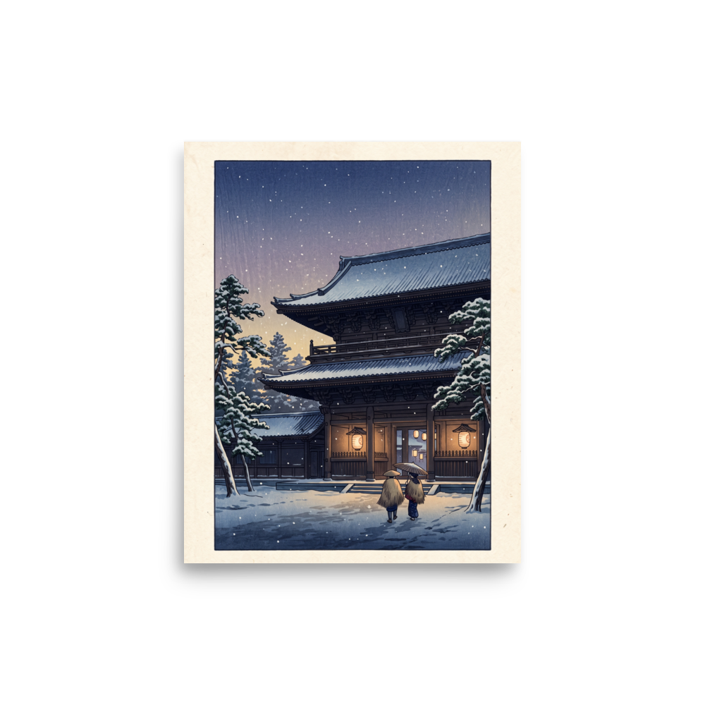 'Snowfall at Dusk' — a Shin hanga print. Two figures walk through falling snow toward an illuminated Japanese temple gate at dusk, creating a peaceful scene ideal for a living room.