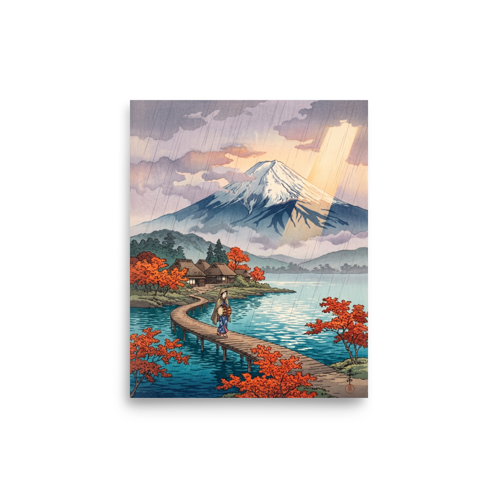 'Sunshower Over Fuji' — a Shin hanga print. A lone traveler walks across a wooden bridge on a tranquil lake toward Mount Fuji as sun rays pierce through light rainfall, ideal for an office.