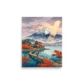 'Sunshower Over Fuji' — a Shin hanga print. A lone traveler walks across a wooden bridge on a tranquil lake toward Mount Fuji as sun rays pierce through light rainfall, ideal for an office.