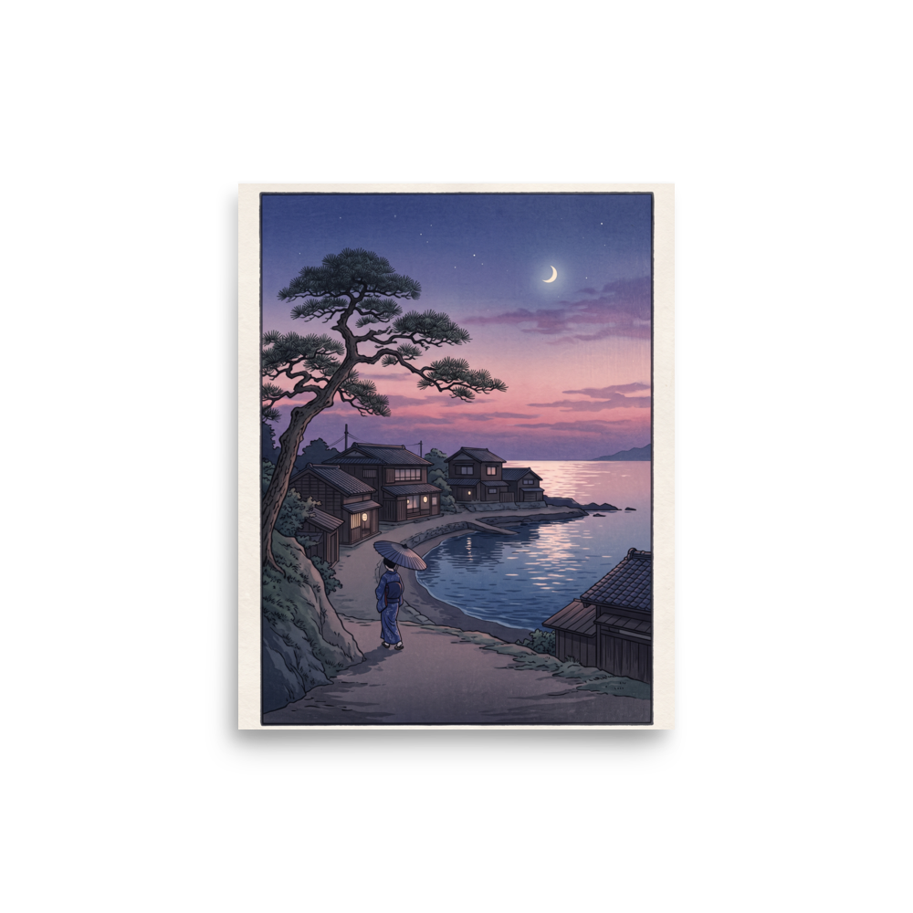 'Crescent Moon Bay' — a Shin hanga print. A woman holding an umbrella walks along a coastal village path beneath a crescent moon and twilight sky, making it a peaceful addition to a bedroom.