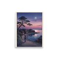 'Crescent Moon Bay' — a Shin hanga print. A woman holding an umbrella walks along a coastal village path beneath a crescent moon and twilight sky, making it a peaceful addition to a bedroom.