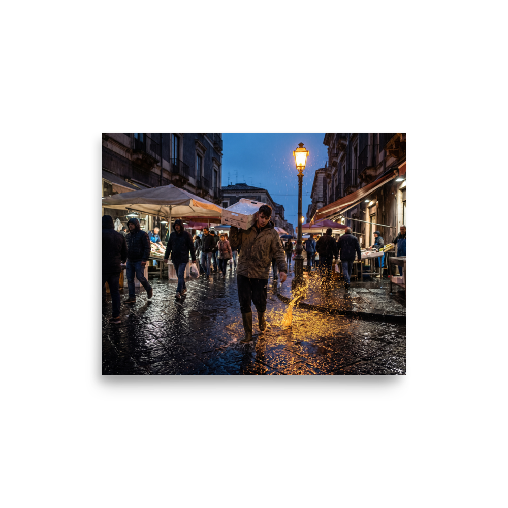 'Market Rain at Dusk' — a Art photography print. Market worker carrying a fish crate splashing through rainy wet cobblestones under a glowing streetlamp at dusk, atmospheric street photography.