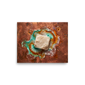 'Alchemy of Verdigris' — a Art photography print. A macro photographic study of a crystalline salt block reacting on weathered copper with vibrant turquoise patina, perfect for a kitchen or living room.