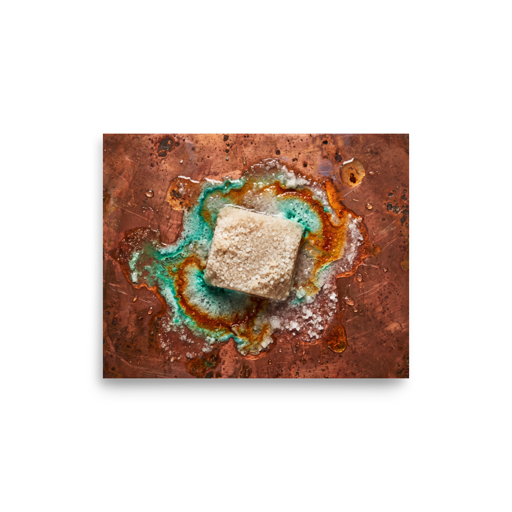 'Alchemy of Verdigris' — a Art photography print. A macro photographic study of a crystalline salt block reacting on weathered copper with vibrant turquoise patina, perfect for a kitchen or living room.
