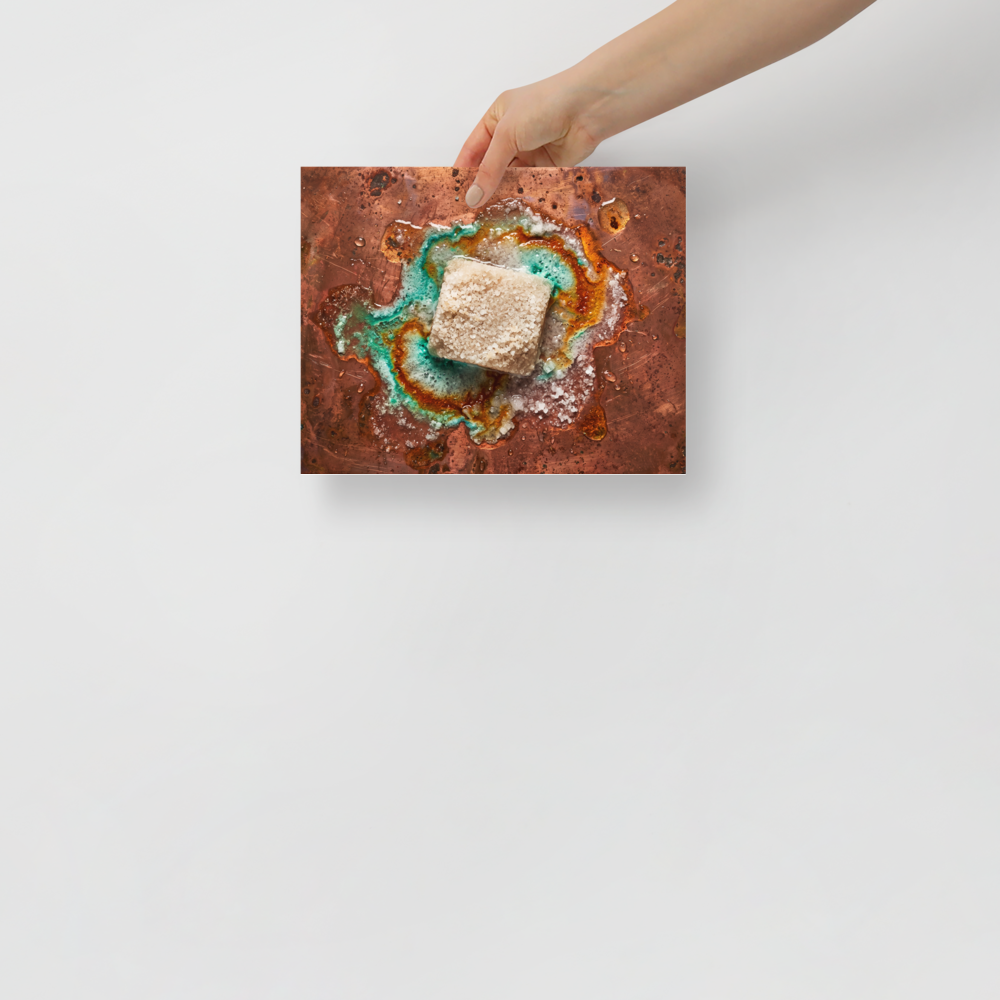 'Alchemy of Verdigris' — a Art photography print. A macro photographic study of a crystalline salt block reacting on weathered copper with vibrant turquoise patina, perfect for a kitchen or living room.