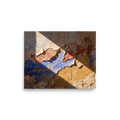 'Palimpsest in Sunlight' — a Art photography print. A photographic study of peeling plaster wall showing layers of blue, red, and ochre paint under bright diagonal sunlight, suitable for a rustic or modern living room.