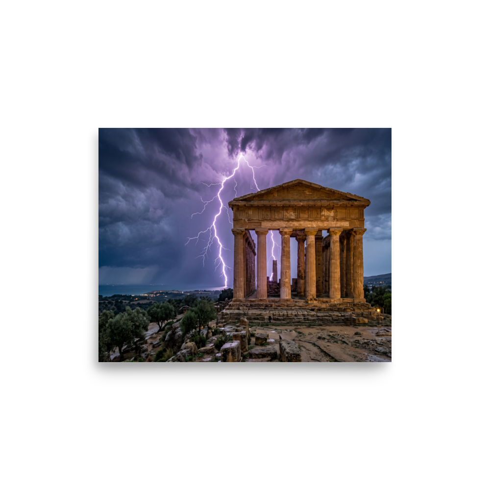 'Wrath of Olympus' — a Art photography print. A breathtaking photograph of violet lightning bolts striking behind an ancient classical temple ruin overlooking the sea, perfect for a dramatic study or living room.