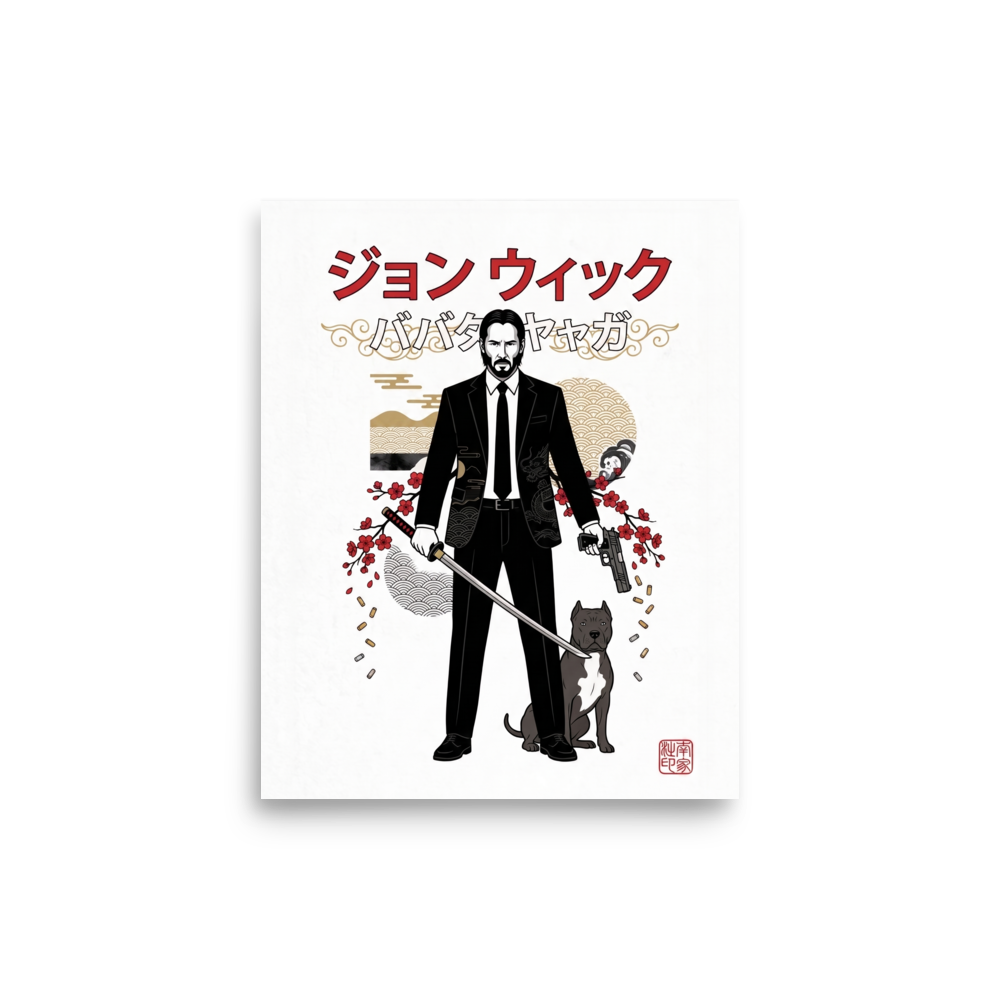 'The Baba Yaga' — a Pop art,Japanese art print. An action hero in a black suit holds a katana beside his dog with Japanese calligraphy, bringing striking presence to a game room.
