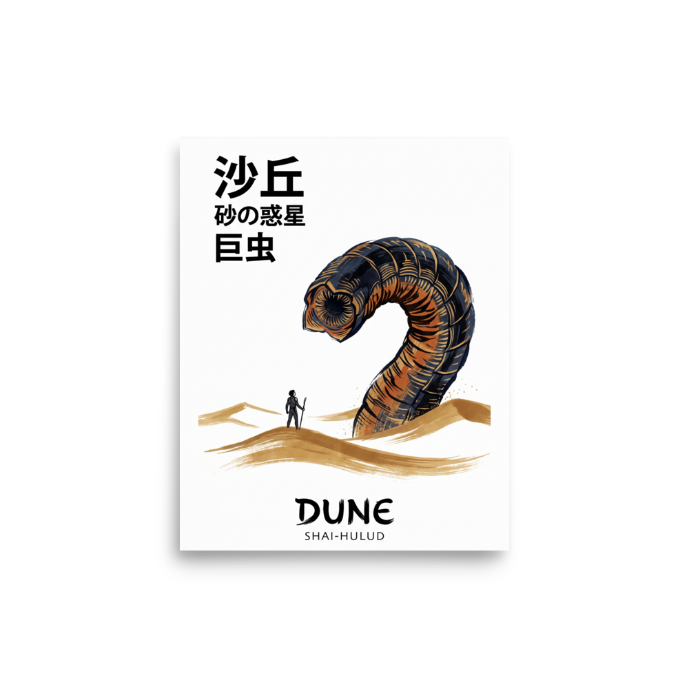 'Lord of the Desert' — a Pop art,Japanese art print. A desert wanderer faces a colossal sandworm with Japanese calligraphy, adding awe-inspiring sci-fi scale to a game room.