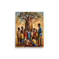 'Baobab Lessons' — a Expressionism,Figurative art print. An expressive oil painting of a teacher and children gathered under a large baobab tree, making inspiring living room or school classroom wall art.