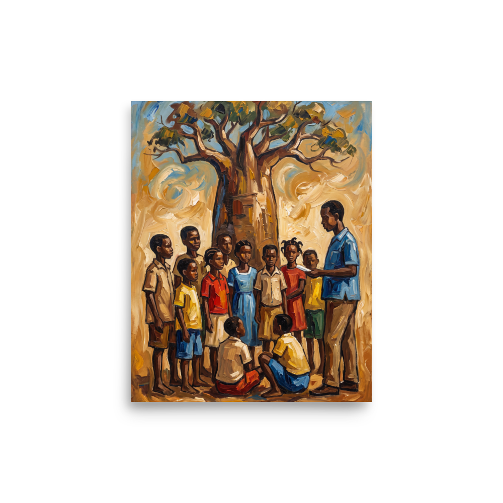 'Baobab Lessons' — a Expressionism,Figurative art print. An expressive oil painting of a teacher and children gathered under a large baobab tree, making inspiring living room or school classroom wall art.