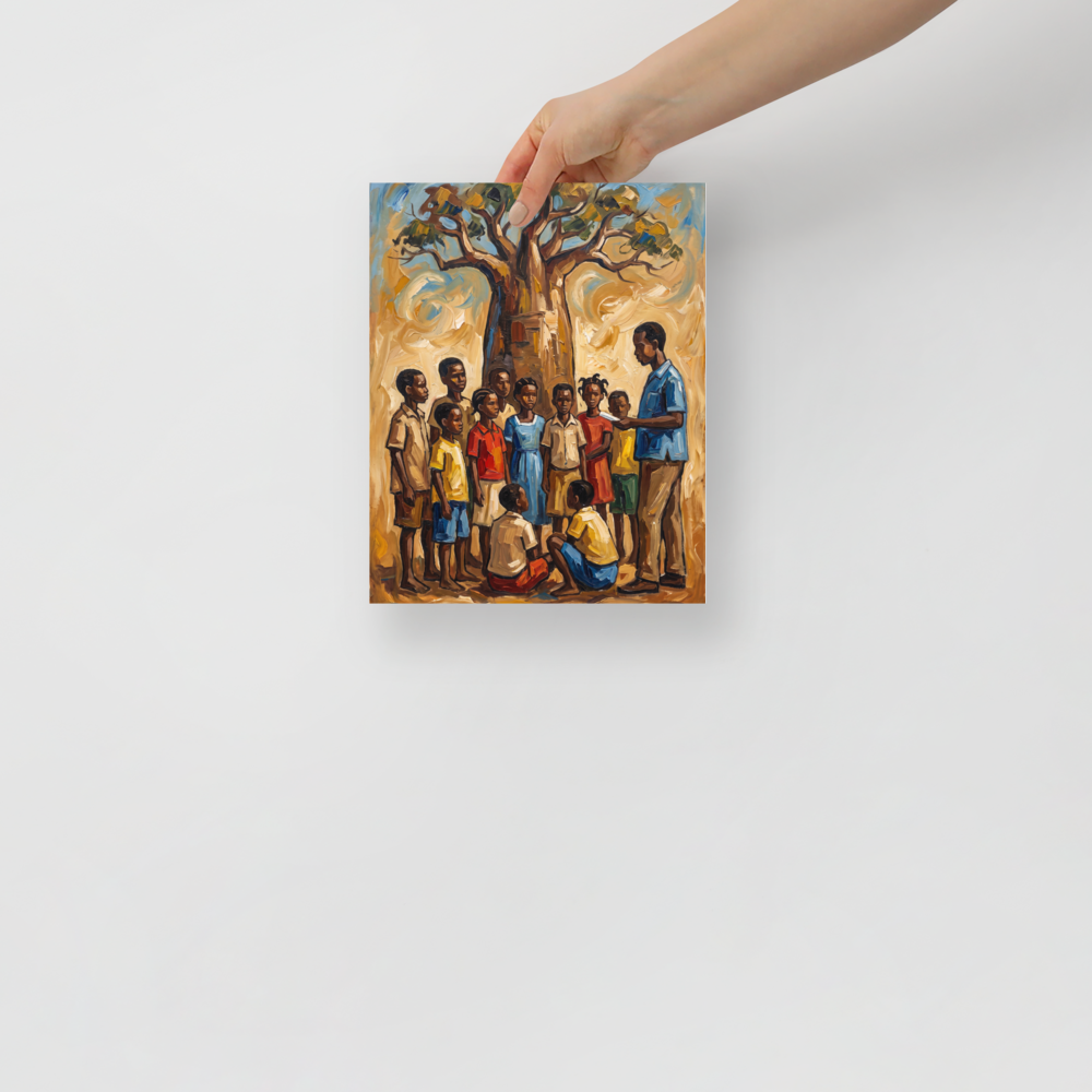 'Baobab Lessons' — a Expressionism,Figurative art print. An expressive oil painting of a teacher and children gathered under a large baobab tree, making inspiring living room or school classroom wall art.