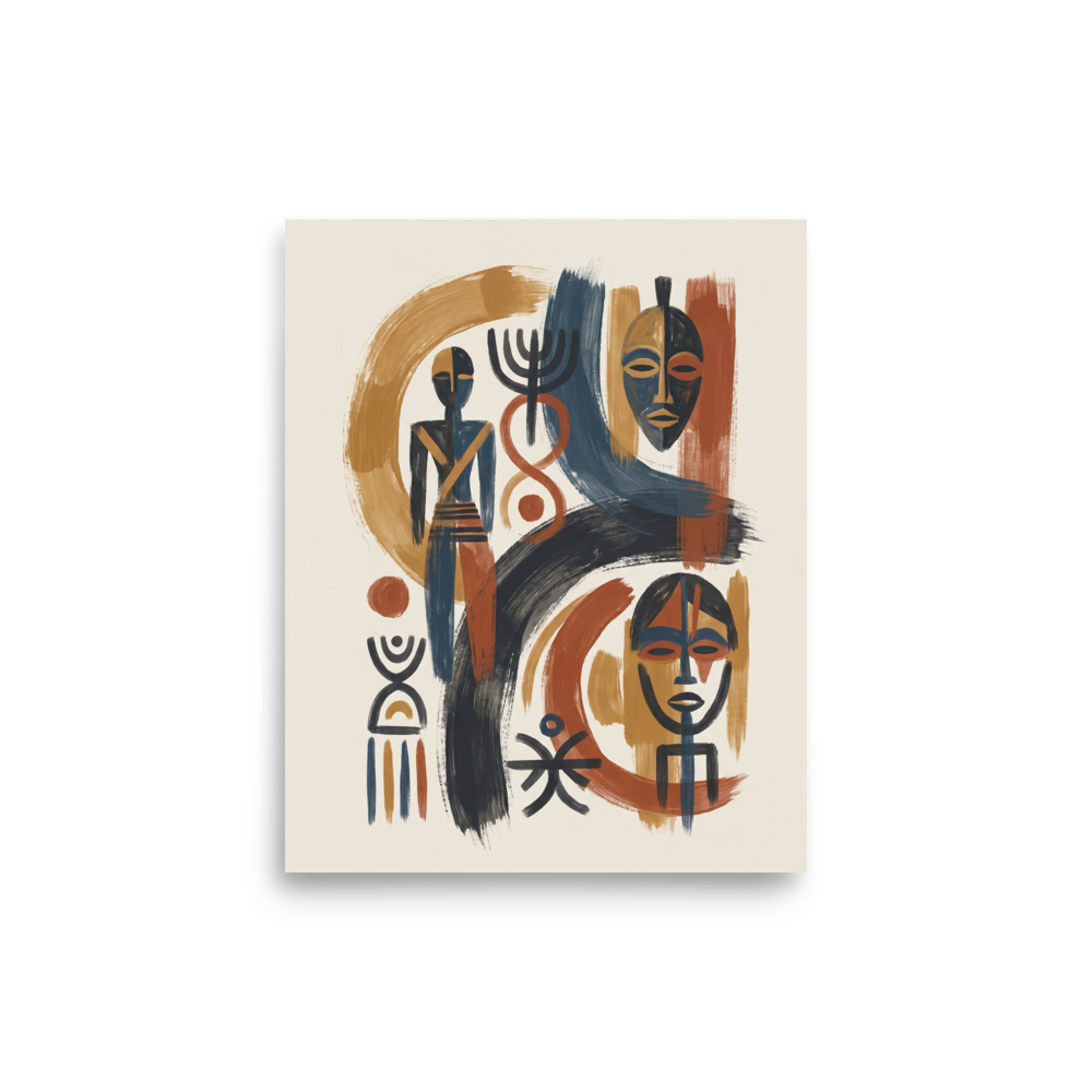 'Ancestral Rhythms' — a Abstract art,Modernism print. A striking abstract composition of African masks and ancestral motifs in terracotta and indigo, making a powerful focal point for living room or entryway decor.