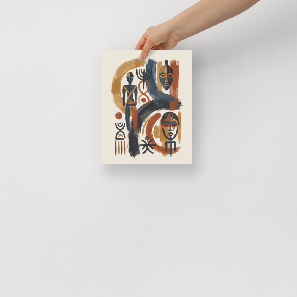'Ancestral Rhythms' — a Abstract art,Modernism print. A striking abstract composition of African masks and ancestral motifs in terracotta and indigo, making a powerful focal point for living room or entryway decor.